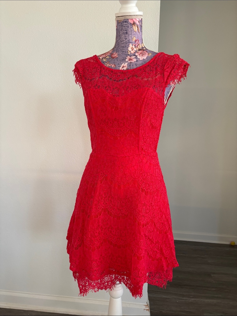 Forever 21 Red Lace Cap-Sleeve Fit & Flare Dress